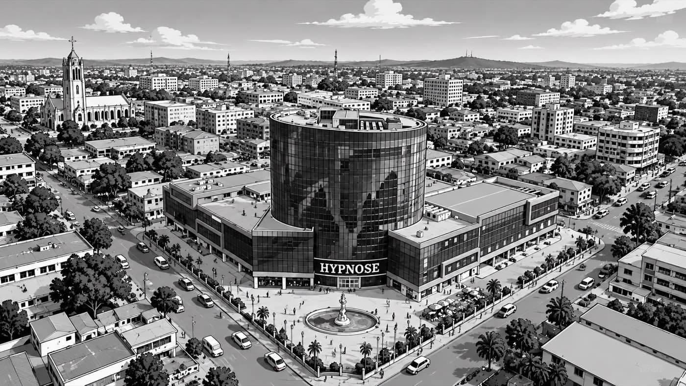 Illustrated aerial view of Lubumbashi's city center, with its cathedral and a landmark glass tower