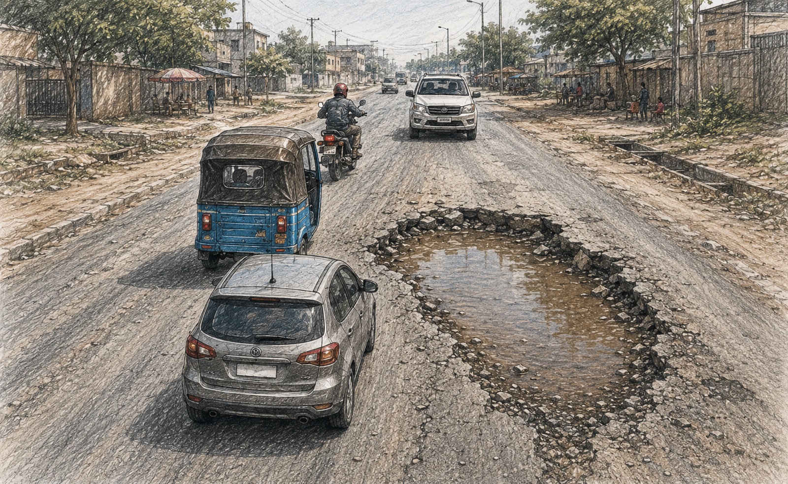 An illustrative rendering of a scenario that plays out hundreds of times in Lubumbashi — a pothole, a Petita, a motorcycle, and oncoming traffic all converging on one lane